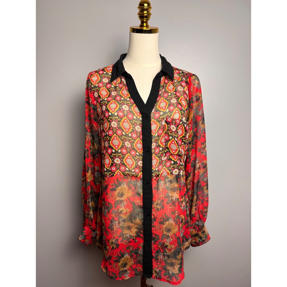 New Directions Button Down Women Medium Red Mixed Print Excellent Sheer Boho